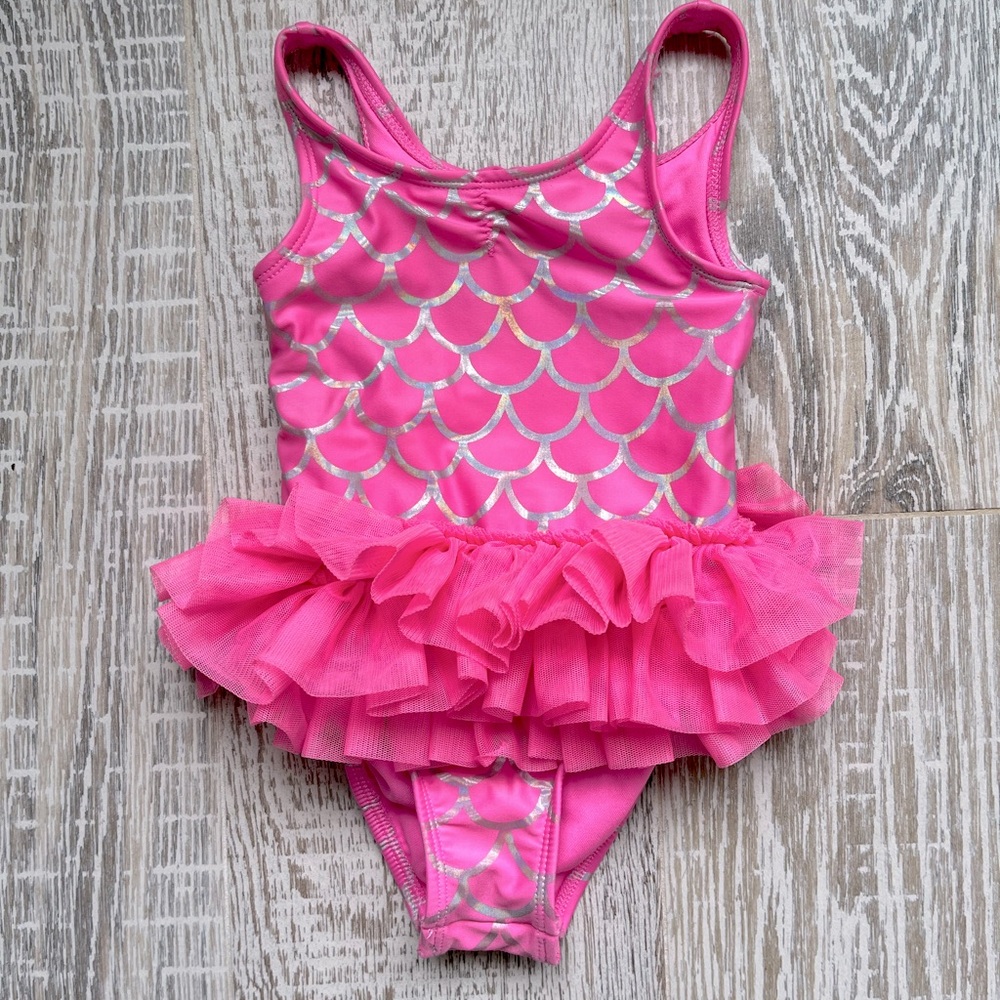 Cat and jack Toddler Girl Mermaid swimsuit with tutu 2T Pink iridescent sparkle